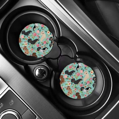 Pensura Car Coasters: Set of 2 Floral Dachshund Print Cute Absorbent Coasters for Drink Holders, Ideal Women’s Gifts.