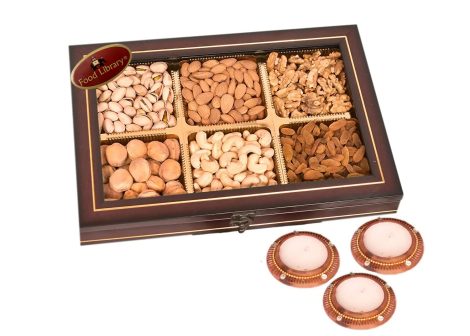 Diwali Special Dry Fruits Box with Candles, featuring Food Library’s Magical Natural Goodness.