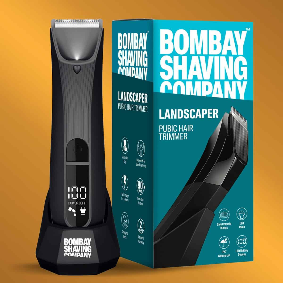 Bombay Shaving Company Pubic Hair Trimmer for Men | Body Groomer for Men | Private Part Shaving, Waterproof (IPX7), Cordless, LED Display, LED Torch, Safe Ceramic Blades, Dock Charging | LANDSCAPER 2.0 (Black)