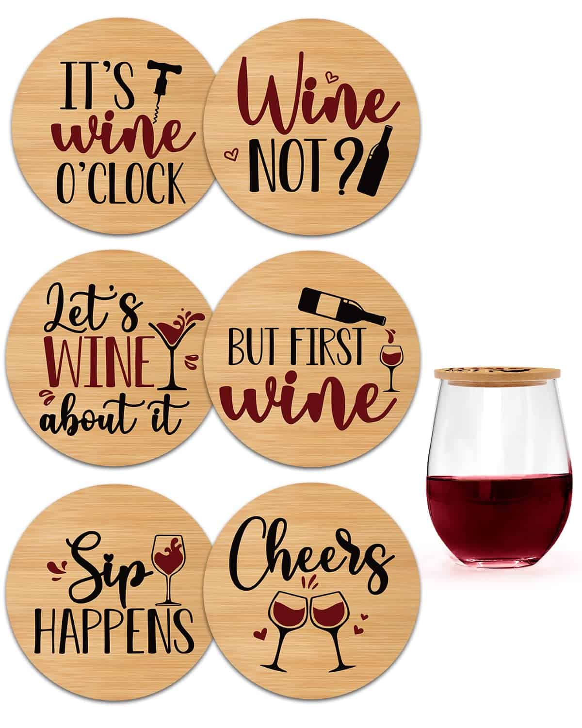 Funny Wine Glass Covers Wood Drinking Glass Lids Appetizer Glass Toppers Outdoor Drink Covers for Coffee Mugs, Tea Cups and Water Glasses Bamboo Wine Accessories Housewarming Gift