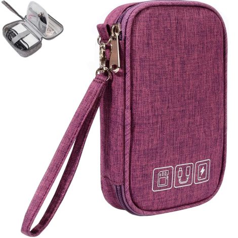 Small travel cable storage bag for electronics, cables, phone, SD card and power cords, in purple.