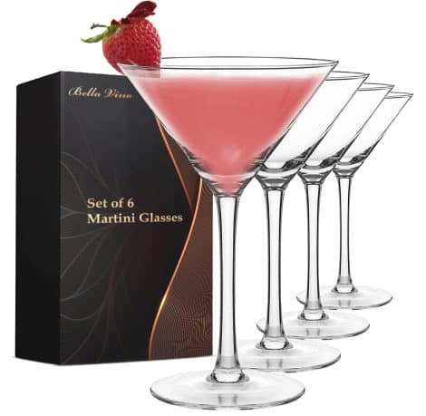 Gift set including 6 exquisite glasses for various drinks like Martini, Sake, Cosmopolitan, Margarita, Whiskey, Gin, Tequila.