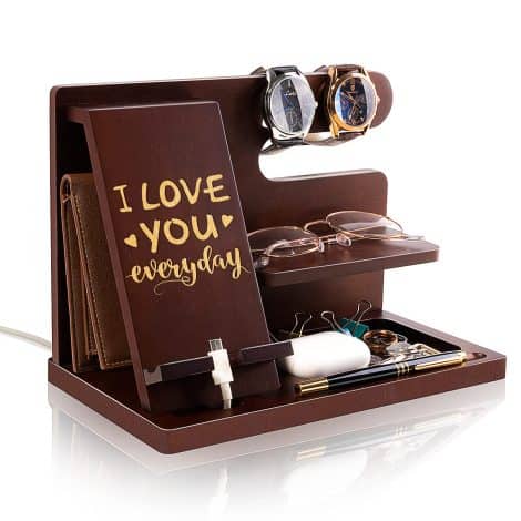 Customized wooden phone dock for husband/boyfriend: “Love You Always” -Organizer, Key holder, Wallet, Watch stand, Travel accessory for men.