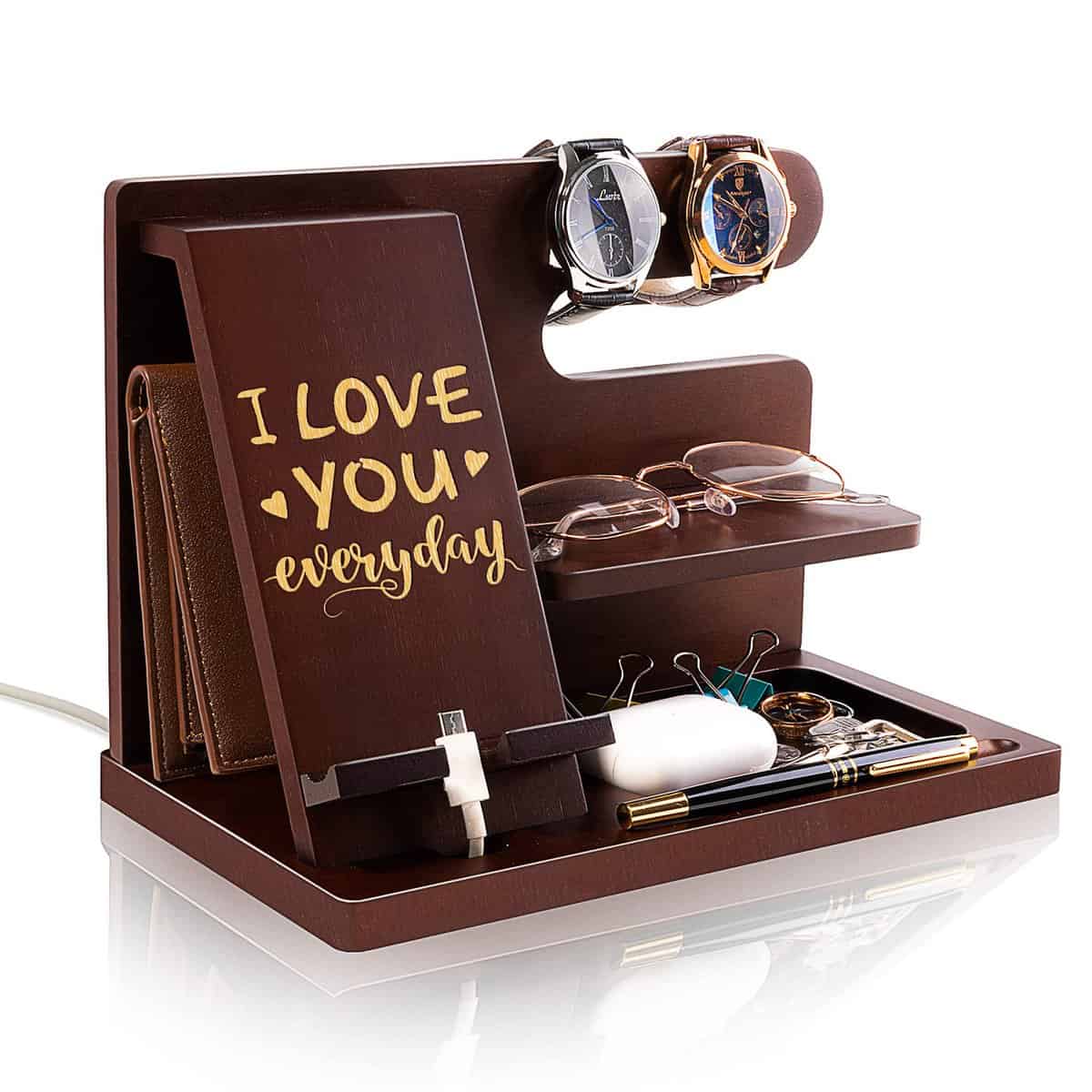 Personalized Wood Phone Docking Station for Husband Boyfriend - I Love You Everyday - Key Holder Wallet Stand Watch Organizer Men Gift Anniversary Birthday Christmas Nightstand Male Travel Gadgets