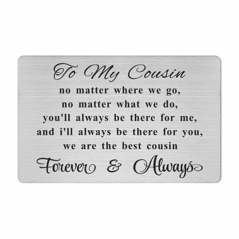 Funny engraved wallet card for cousin’s birthday, wedding, or Christmas; perfect gift option for men and women.