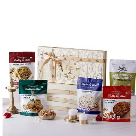 Premium Diwali Gift Box with 1kg of Assorted Dry Fruits and Nuts from Nutty Gritties.