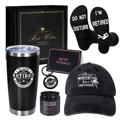 Funny Retirement Gift Set: Insulated Tumbler, Baseball Cap, Socks, Keychain, Scented Candle in a Gift Box for Dad, Coworkers, Friends.