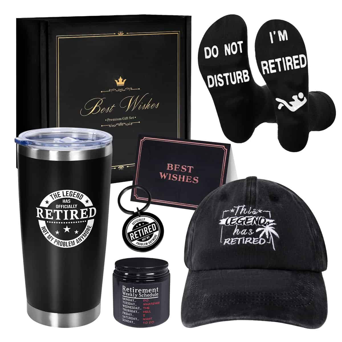 Retirement Gifts for Men, Funny Retired Presents Include Insulated Tumbler Baseball Cap Socks Keychain Scented Candle with Gift Box for Dad, Coworkers, Friends, Retired People