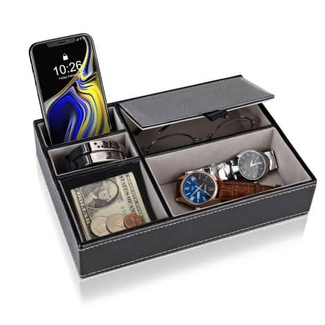 Leather Valet Box with 5 Compartments, perfect for Wallet, Key, Phone and Dresser Top Organizer.