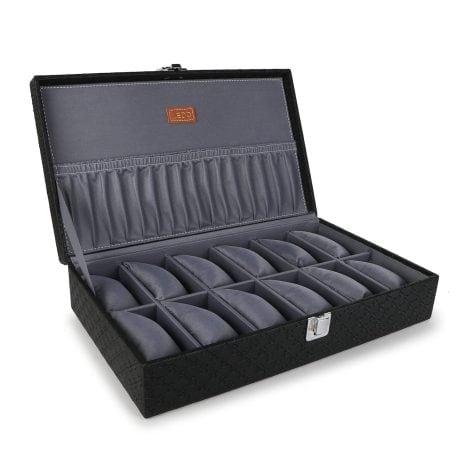 LEDO Watch Box: Organize 12 Men’s and Women’s Watches in Black with Gray Velvet.