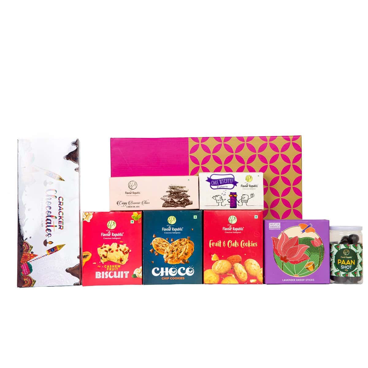 The Flavour Republic Premium Diwali Flavourful Snack Box Hamper Gift Combo Box | Assorted Chocolate Cookies Biscuits | Brownie Thins | Cracker Chocolates | Blueberry Cake Biscotti | Bamboo less Incense sticks | Mukhwas Paan Shots | Healthy Snacks| Rakhi | Birthday/ Anniversary | Friends & Family Gifts | Corporate Gifting | Gourmet Snack Box