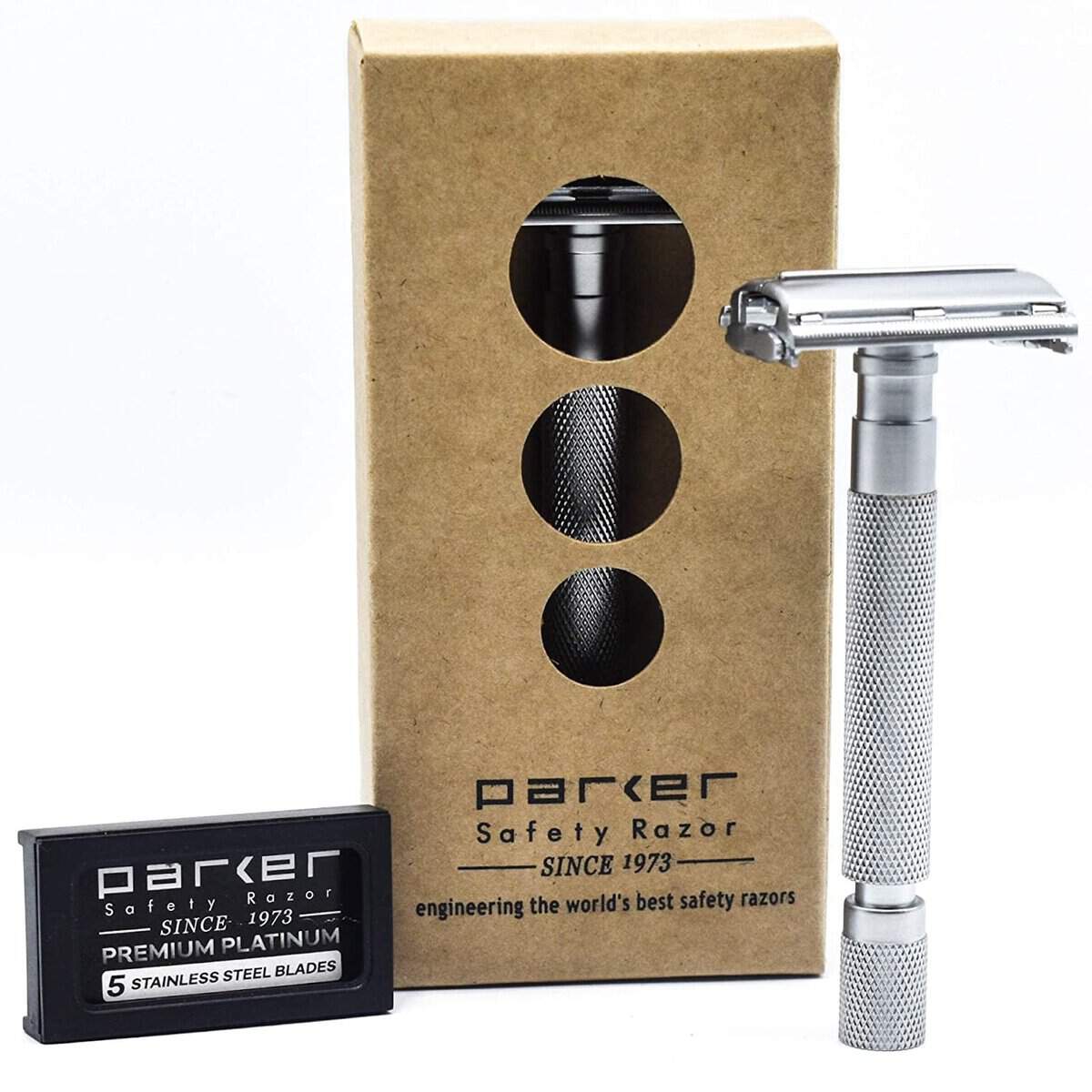 Parker 74R Butterfly Twist-to-Open Double Edge Safety Razor for Men & Women with 5 Parker Platinum Blades, New for Spring 2021 (Satin Chrome)