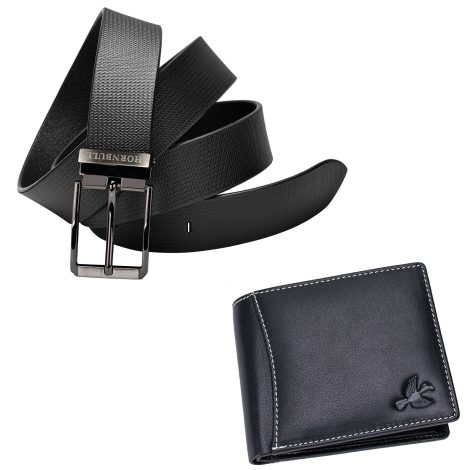 HORNBULL Men’s Black Leather Wallet and Belt Combo | Secure Wallet and Belt Gift Set for Men.