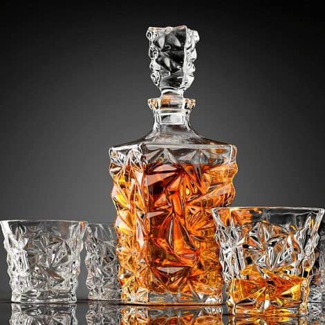 Premium European Crystal Clear 7-Piece Decanter and Glass Set – Elegant 1 Decanter and 6 High-quality Glasses, Ideal for Various Drinks like Whiskey, Scotch, Wine, Vodka, Tequila, Rum, etc. (1, Diamond (7-Piece Set)), 10 Ounces.