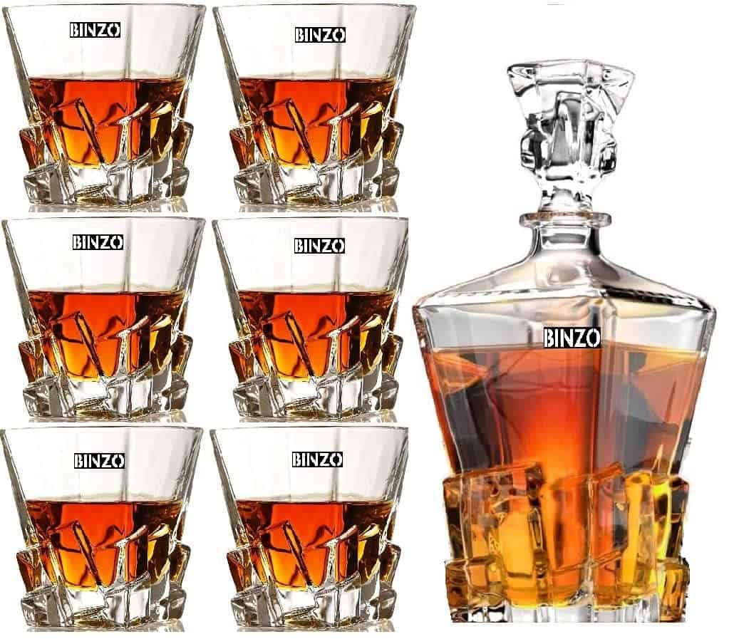 BINZO Luxury Glacier Whiskey Wine Decanter Set With Glasses & Stopper| Premium Glass Decanter for Whisky, Alcohol, Liquor, 1 Litre Decanter & 300 ml Glasses (Iceberg Glacier Design Decanter Set)