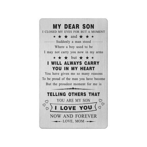 Gifts from Mom: Engraved Wallet Card Insert for Son, Perfect Birthday and Graduation Present.