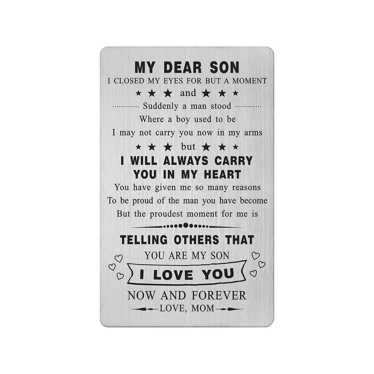 To My Son Gifts from Mom, Happy Son Birthday Gift Card, Step Mother to Son Graduation Present,Engraved Wallet Card Insert for Boy, my dear son from mom