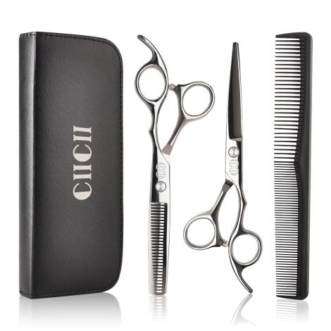 Silver Hair Cutting Scissors Set for grooming, shaping and trimming hair, beards; perfect for home salon use.