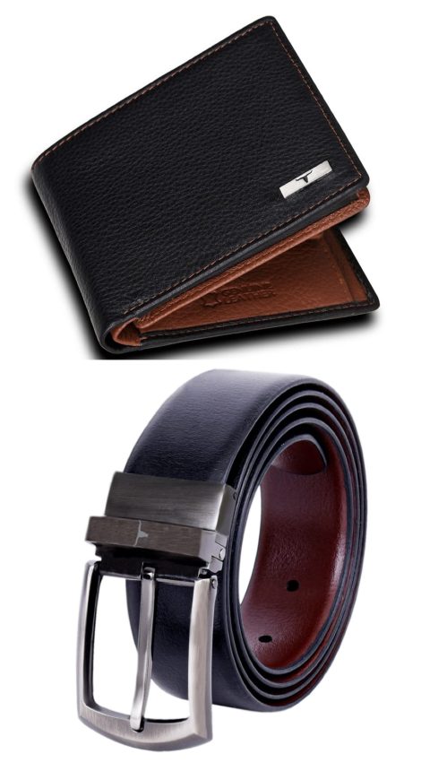 URBAN FOREST Kyle Wallet & Reversible Belt Combo – Black/Redwood Leather, Perfect for Indian Men