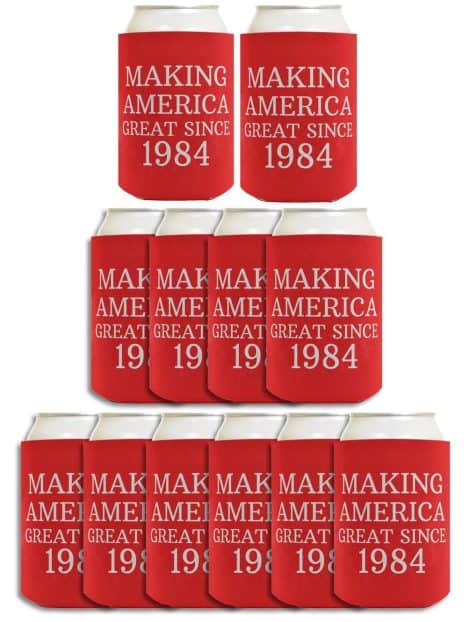 40th Birthday Celebration Kit – Patriotic Edition with 12 Can Coolie Drink Coolers in Red.