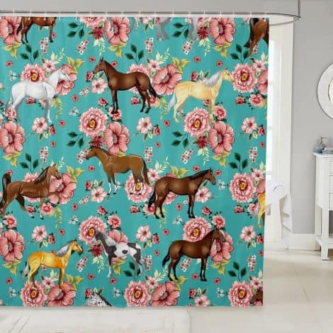 Green Teal Cowboy Cowgirls Bath Curtain with Retro Floral Horse Print, Ideal for Girls and Boys, Perfect Horse Gift for Indian Women and Men.