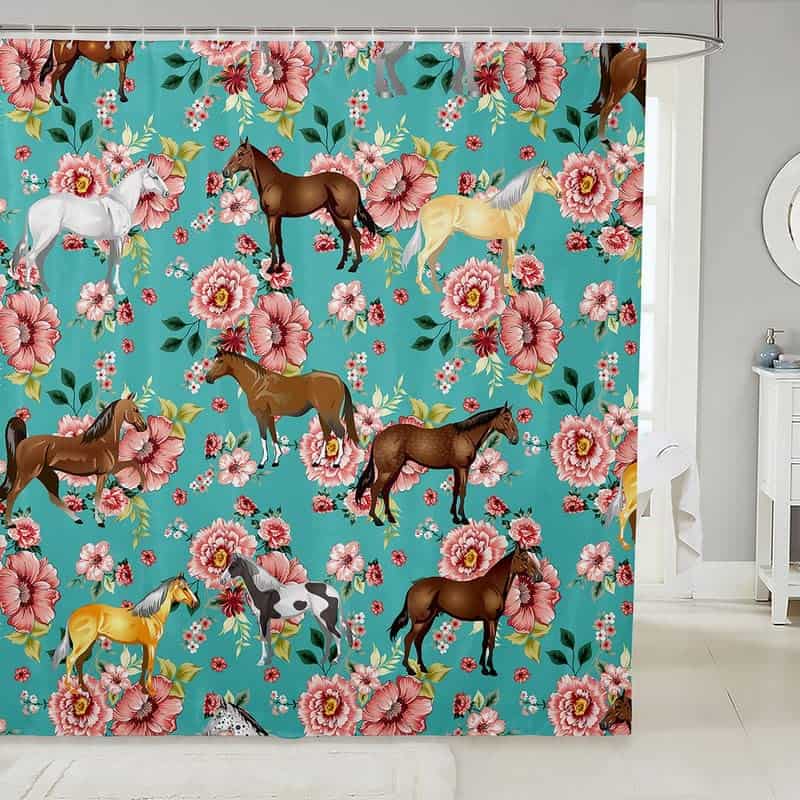 Horse Shower Curtain, Retro Floral Horse Bath Curtain for Girls Kids Boys, Galloping Horse Farm Animal Horse Gifts Curtain for Women Men, Cowboy Cowgirls Shower Curtain, Green Teal 72" W x 78" L