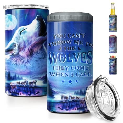 SANDJEST Wolf Steel Tumbler – 4 in 1 16oz – Cooler for Men, Dad, Son, Festive Gift.