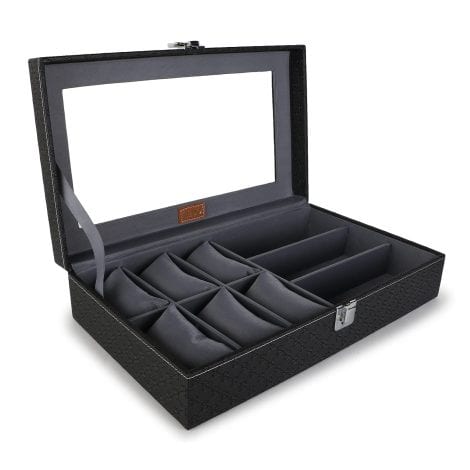 Black and Gray LEDO Watch and Sunglass Holder Organizer with 6 Slots for Watches and 3 Slots for Sunglasses.