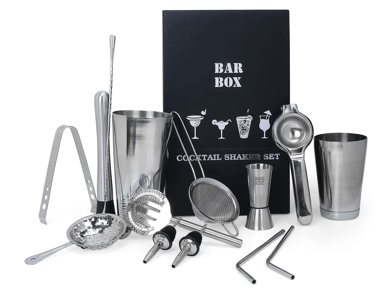 Bar Box 14-Piece Cocktail Shaker Set - Food Grade Stainless Steel Bartender Kit Drink Mixer, Muddler, Spoon, Strainer, Jigger, Pourers - Kitchen Accessory Bar Set Drinks Home | A Secret Santa Gift