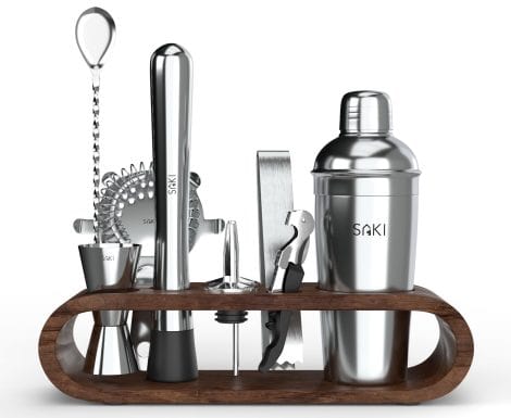 Saki Home Decor Stainless Steel Cocktail Shaker Gift Set with Stand – 10-Piece, Bartender Kit: All-in-one Drink Mixer for Indian homes.