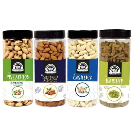 WONDERLAND FOODS (DEVICE) 2Kg Combo Pack of 4 Almonds (Np), Cashews (W 320), Roasted & Salted Pistachios, and Raisins (500G X 4) Jar – Premium Indian Dry Fruits.