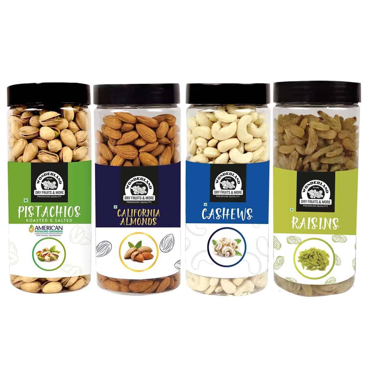 WONDERLAND FOODS (DEVICE) Dry Fruits Combo 2Kg Pack Of 4 Almonds (Np), Cashews (W 320) Mangalore Quality, Roasted & Salted Pistachios And Raisins (500G X 4) Jar