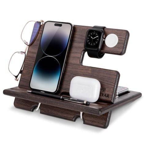 Phone Docking Station made with wood, for storing keys, wallet, watch, and gadgets, suitable for Indian consumers.