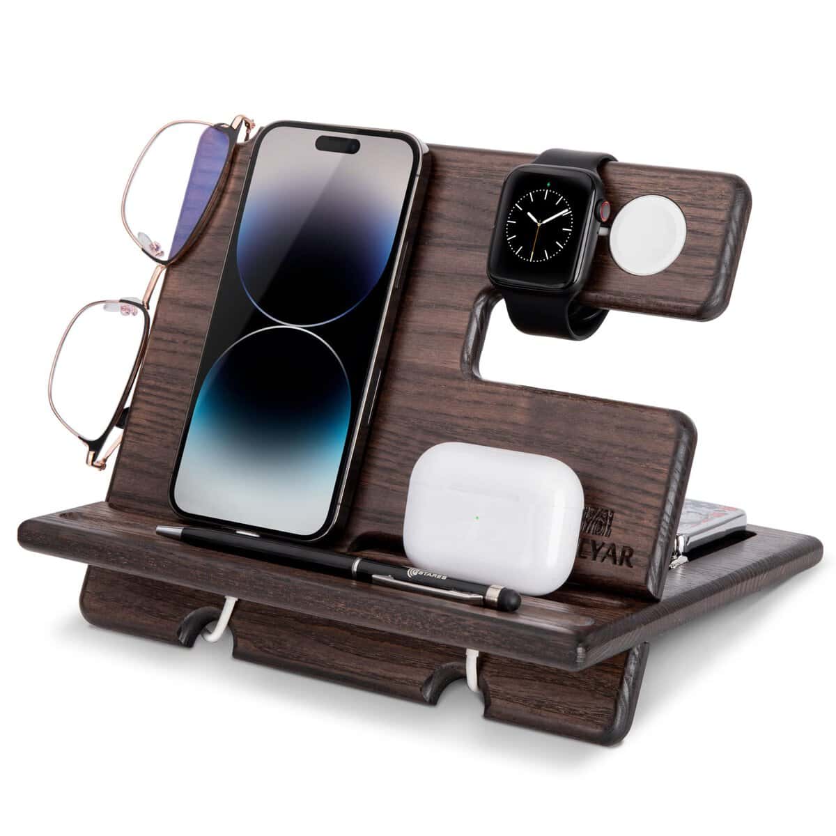 Wood Phone Docking Station Ash Key Holder Wallet Stand Watch Organizer Men Husband Wife Anniversary Dad Birthday Father Graduation Gadgets Compatible with iPhone iWatch AirPods…