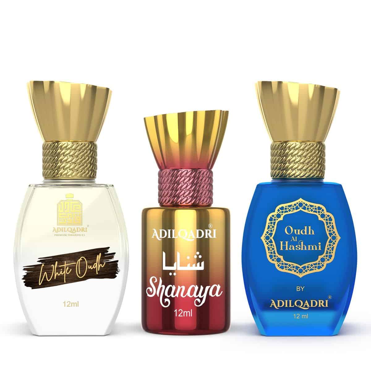 Adilqadri Luxury Roll-On Attar Pack of 3 | Shanaya + White Oudh + Oudh Al Hashmi | 12ml each | Alcohol Free | Perfume Gift Set for Men & Women