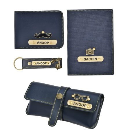 Personalized men’s combo gift set including leather wallet, key chain, eyewear case, and passport cover.