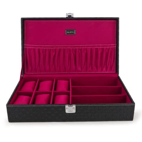 Black & Cherry ALAWO Watch Box Organizer and Sunglasses Case with 6 slots for watches and 3 slots for sunglasses.