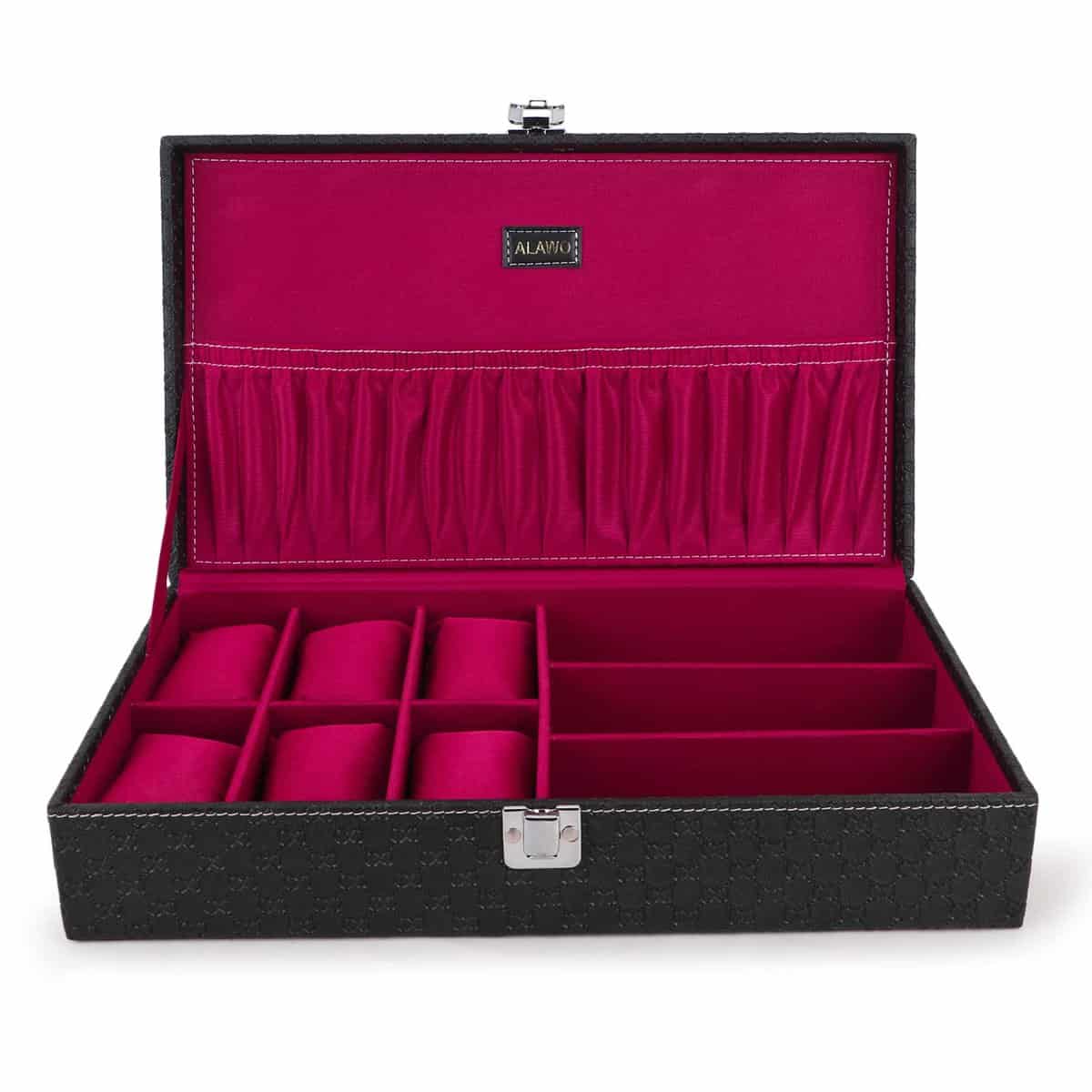 ALAWO Watch Box Organizer and Sunglasses Case with 6 Slots for Watches and 3 Slots for Sunglasses in Black & Cherry Color