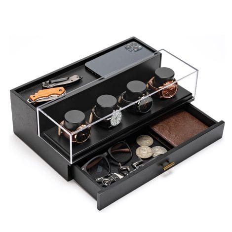 Gift-worthy Watch Organizer for Indian men, featuring Real Wood and HD Acrylic display case (Black).