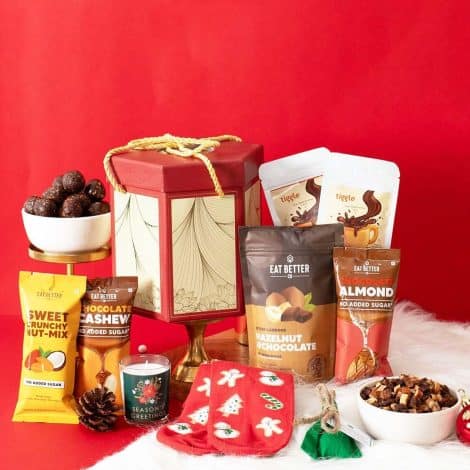 Delightful Glow Christmas & New Year Gift Hamper with 10 Gifts – Chocolate Balls, Nuts, Socks, Candle – Wonderful Secret Santa Present!