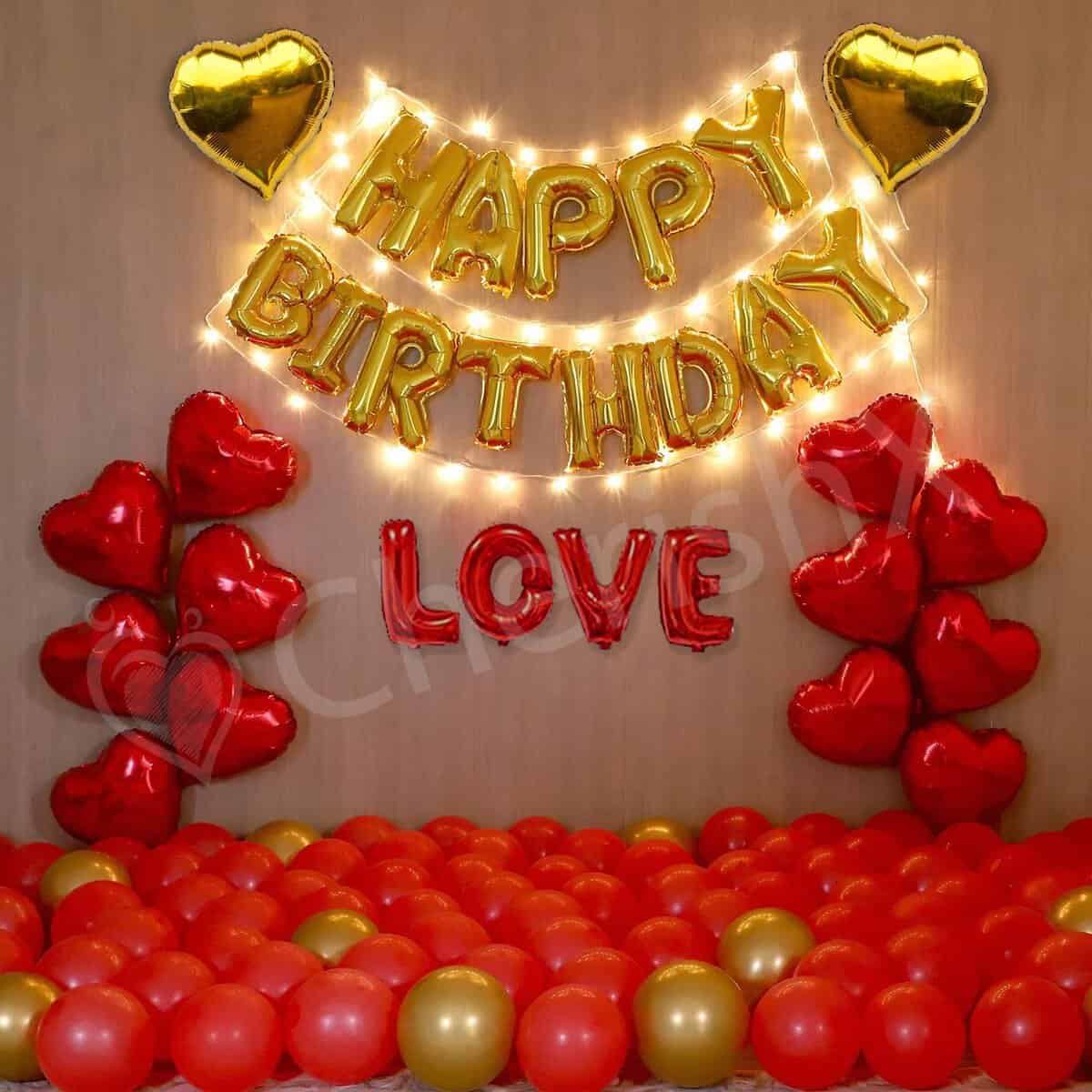 CherishX.com Elegant Happy Birthday Decoration Kit - 57pc Combo - Husband, Wife Birthday Decoration Items for Wall - LED Light, Heart Foils, Happy Birthday, Metallic, LOVE Foil Balloons