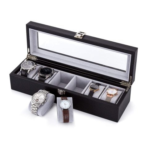 Meerveil Watch Organizer: Securely store and display 6 watches with lockable silver clasp; black PU leather, glass lid.