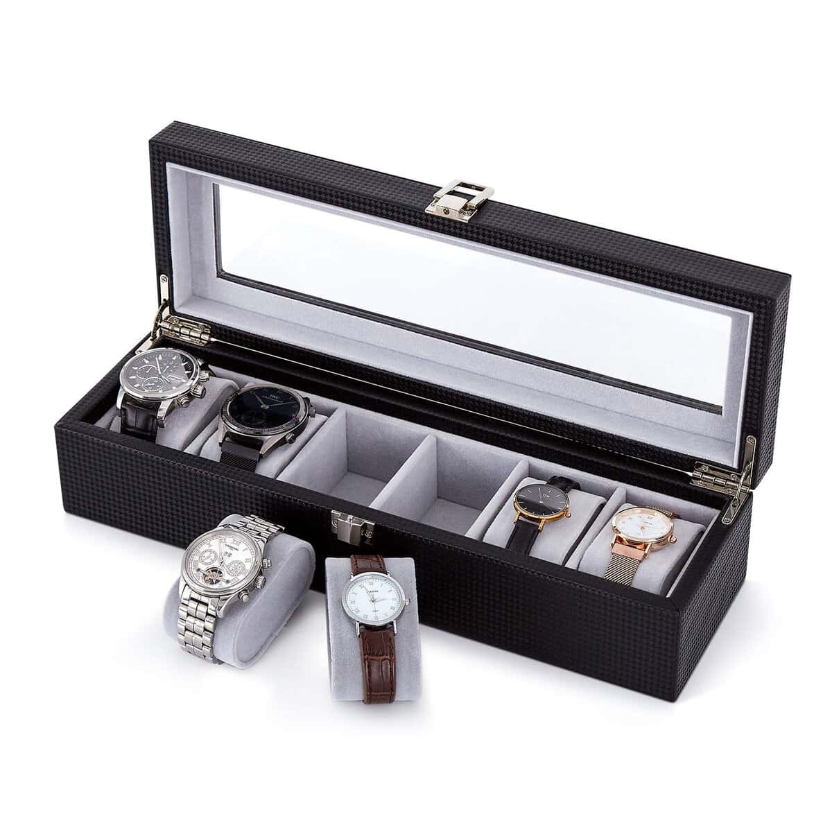 Meerveil Watch Box, Watch Display Organizer, Watch Storage with Glass Lid, Grey Velvet Lining, Lockable with Silver Metal Clasp, 6 Slots, 34.5x11x8.5cm, Black PU Leather