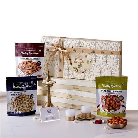 Nutty Gritties Diwali Gift Box: Platinum Flavoured Dry Fruits (600g) – Southern Pepper Cashews, Barbeque Almonds, Thai Chilli Blend. Includes Candle, Greeting Card. Perfect for Family, Friends, Corporate gifting.