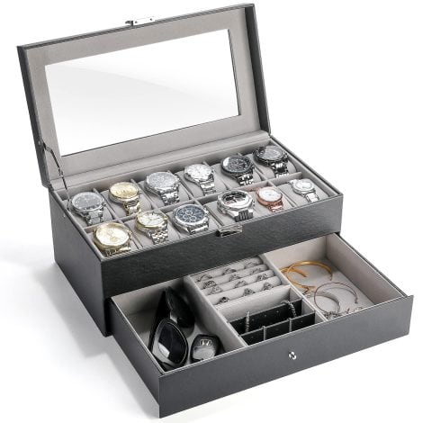 Black PU Leather Watch Box with Glass Lid, 12 Slots, Drawer, and Pillow – For Men and Women.