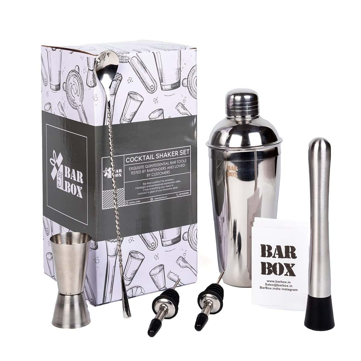 Bar Box 7 Piece Cocktail Shaker Set - Food Grade Stainless Steel Bartender Kit Drink Mixer, Muddler, Spoon, Strainer, Jigger, Pourers - Kitchen Accessory Bar Set Drinks Home | A Secret Santa Gift