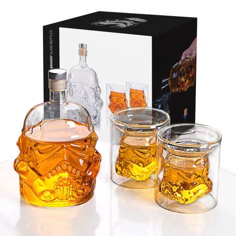 Set of 3 glass decanters with 2 whiskey glasses, ideal for Indian men who enjoy whiskey, bourbon, brandy, wine, juice.