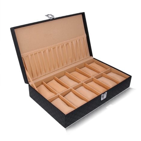 Black LEDO Watch Box Organizer for Men and Women with 12 Slots in PU Leather.