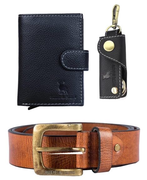 Combo Gift Box with Black Belt, Leather Men’s Card Holder, and Keychain from HIDE & SKIN.