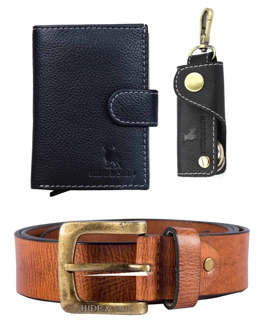 HIDE & SKIN Leather Men's Card Holder, Belt, and Keychain Combo Gift Box (Black Belt Combo)